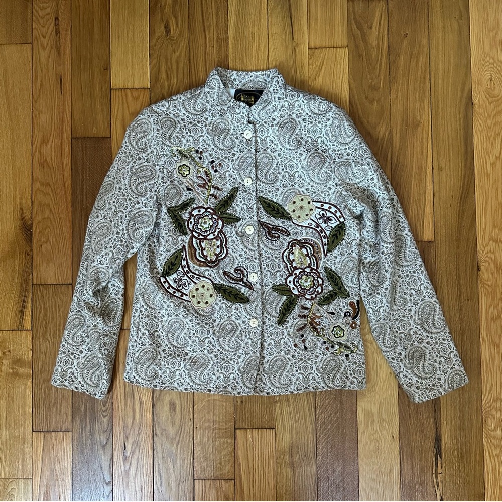 Alex Kin Cream/Tan Paisley Blazer with Floral Embellishment